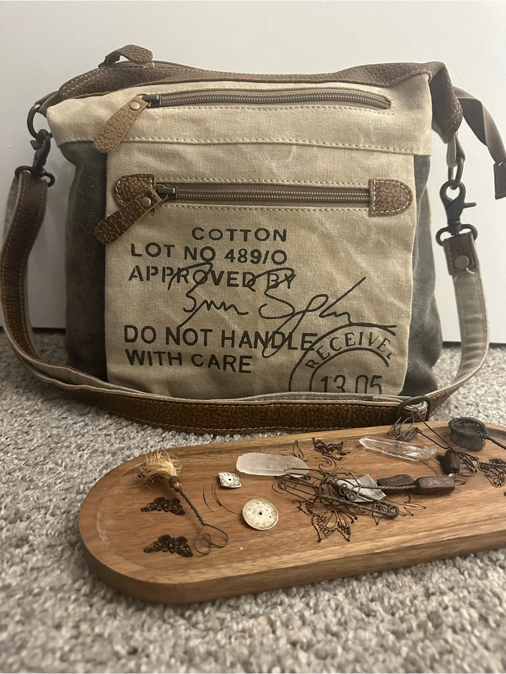 Myra Canvas Crossbody Messenger Bag - Beige & Brown